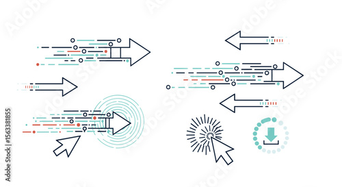 Visualizing digital information transfer and user interaction with arrows data streams and click actions for technology concepts