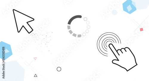 Modern interface interaction design elements representing digital user engagement and progress indicators with clickable cursors and touch gestures