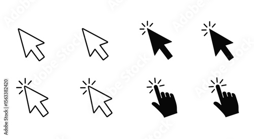 Collection of cursor icons including arrow pointer and hand cursor variants for digital interface navigation and interaction design elements