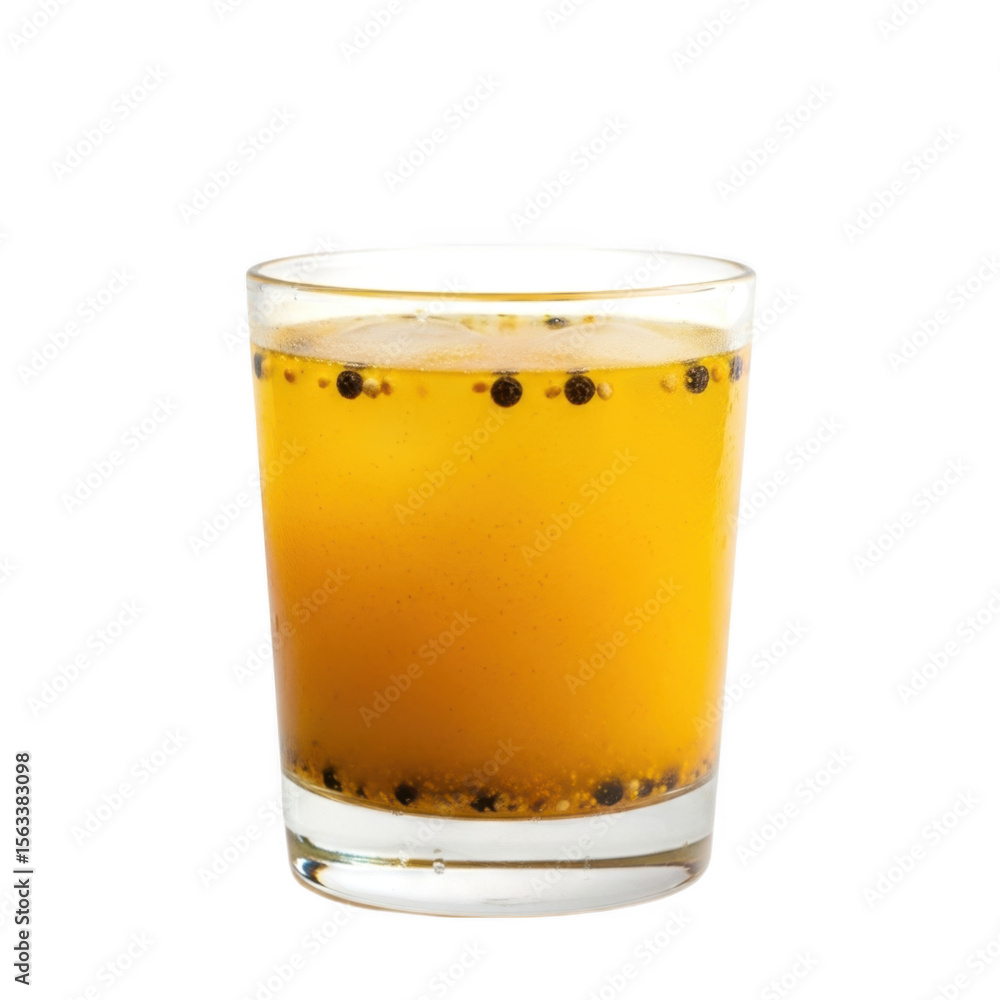 Glass of golden turmeric ginger drink with peppercorns isolated on transparent background Glass of golden turmeric ginger drink with peppercorns isolated on transparent background