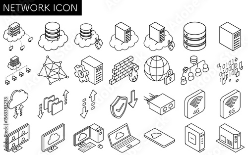 Network-related isometric line icons set of 28 items including cloud computing, data server, router, remote meeting, upload download, security, devices, and internet connection, black and white