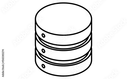 Data server isometric line icon with stacked cylindrical shape representing database or storage, black and white