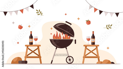 Barbecue Gathering Illustration: A charming illustration depicts a festive barbecue setting, with a grill at the center, flanked by wine and delectable food.