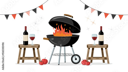 Summer Feast: A delightful outdoor scene, featuring a barbecue grill with roaring flames, accompanied by wine bottles and glasses, creating an ambiance of warmth and relaxation.