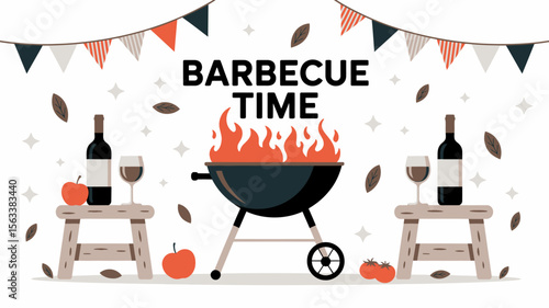 Barbecue Time: A lively illustration capturing the essence of a perfect barbecue, featuring a sizzling grill, delightful wine, and festive decorations, set against a backdrop of a warm gathering.