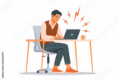 Frustrated Man Working on Laptop: A man sits at a desk, intently focused on his laptop, illustrating the pressures of modern work life with a visual of frustration and stress. 