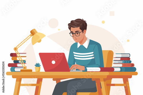 Focused Student at Desk: A concentrated student, engrossed in studies, sits at a desk illuminated by a warm desk lamp, surrounded by piles of books.