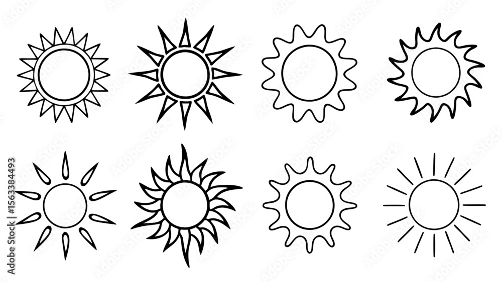 Fototapeta premium Hand Drawn Sun Icons Set of Line Vectors