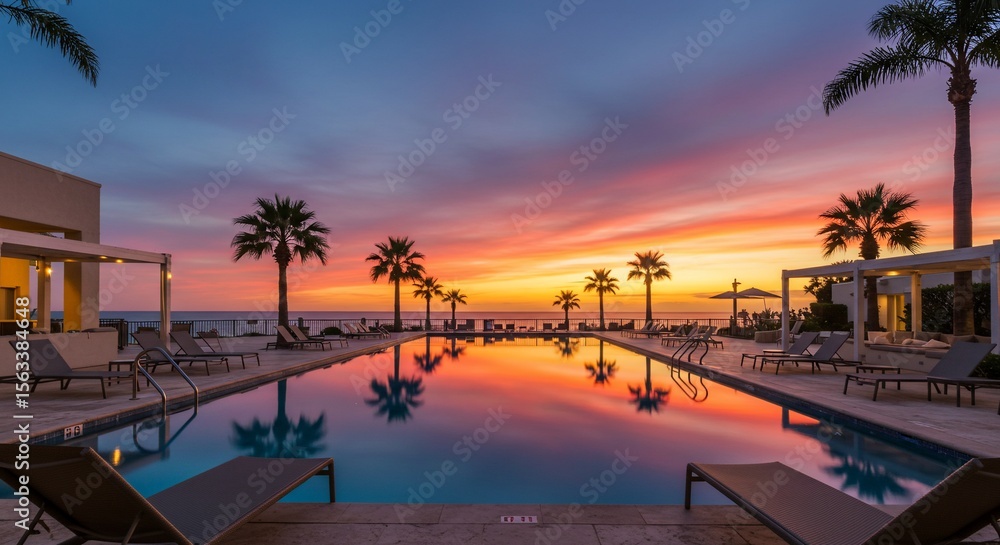 Obraz premium Tropical Sunset Reflection: Palm Trees and Vibrant Sky over Tranquil Swimming Pool