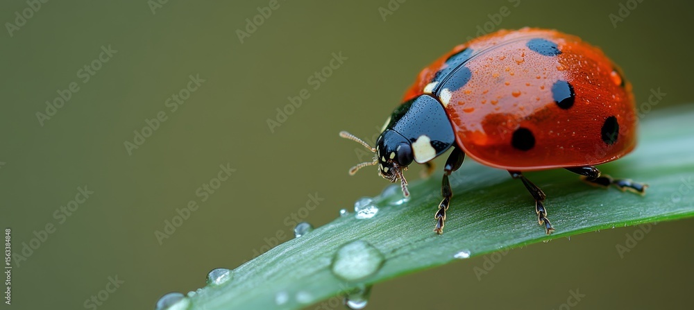 Obraz premium Close Up of a Bright Red Ladybug on a Green Leaf with Water Droplets Reflecting Vibrant Colors
