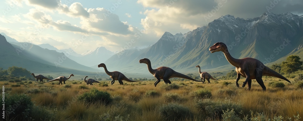 Naklejka premium Dinosaurs roam prehistoric land. Illustration of Brachiosaurus-like creatures, mountains in background. Scene evokes Jurassic era, dinosaur world. Perfect for educational, science projects, fantasy