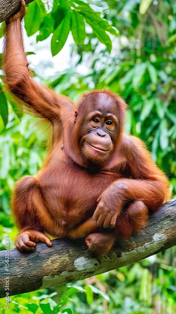 Fototapeta premium A young orangutan sitting on a tree trunk in the forest