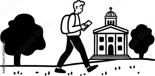 Person reviewing notes while walking near university building