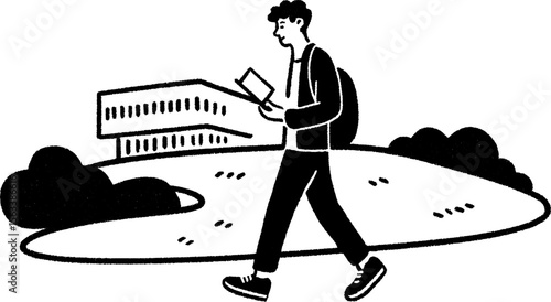 Person walking and reviewing notes in a sketch style