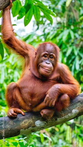 A young orangutan sitting on a tree trunk in the forest