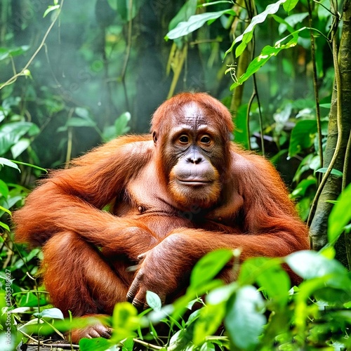 An orangutan is in the bushes at forest. He sat among the green leaves with a calm expression