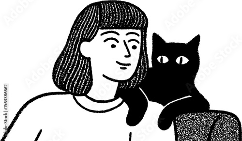 Peaceful moment with a rescued pet: hand-drawn sketch of person and cat companion