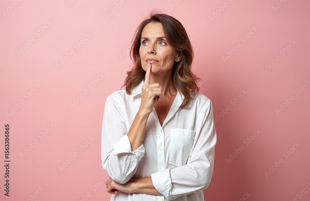 Middle-aged woman isolated on pink background, thinking. Caucasian female with thoughtful expression pondering decision. Woman touching chin, deep in thought. Pensive face expression, doubt, Middle-aged woman isolated on pink background, thinking. Caucasian female with thoughtful expression pondering decision. Woman touching chin, deep in thought. Pensive face expression, doubt,