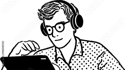 Researcher reading with headphones scribble art - engaged learning moment