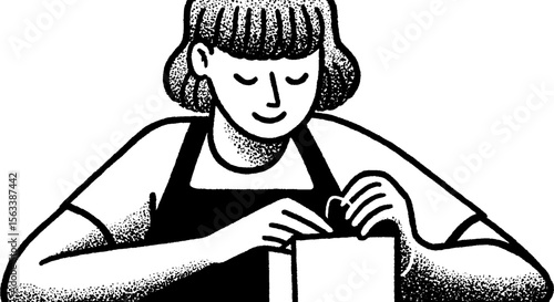 Staff member sealing a paper bag with a smile - sketch art for design