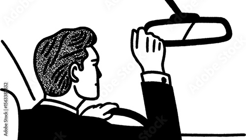Taxi driver adjusting rearview mirror sketch with textured details for design