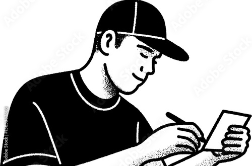 Team member attaching receipt to deli wall in hand drawn sketch style
