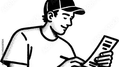 Team member attaching receipt in deli setting - hand drawn sketch