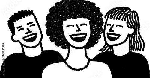 Cheerful team members smiling together in a hand drawn sketch for team spirit and collaboration