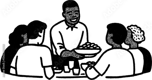 Waiter serving dishes to group at dining table