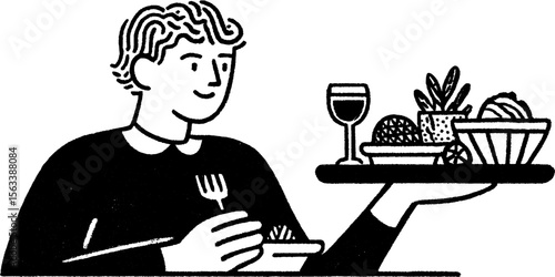 Waiter serving dishes to a table with wine and appetizers - hospitality scene