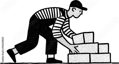 Worker organizing boxes in deli setting with sketch style detailing
