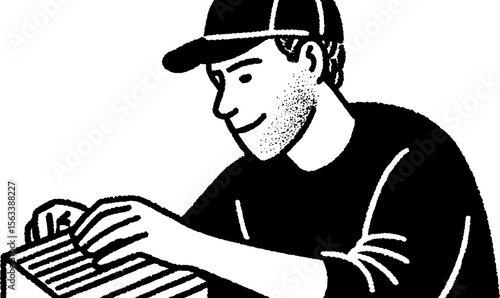 Worker folding burger wraps - hand drawn sketch for culinary themes