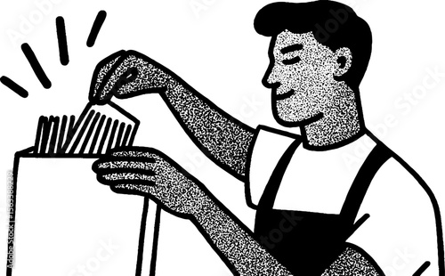 Worker arranging napkins and straws with careful placement for organized display