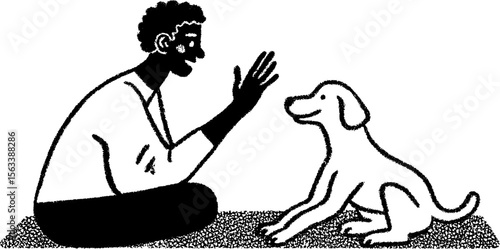 Young person training dog with hand signal in sketch art design