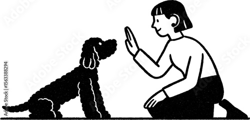 Young person training dog with hand signals - black and white sketch for pet training concept