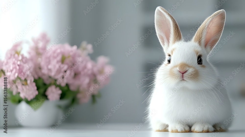 Obraz premium White bunny with long ears sitting near pink flowers in white vase against light gray background, soft natural lighting creates gentle spring mood and cozy atmosphere.