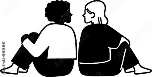 Hand drawn sketch of friends sitting back to back in relaxed pose