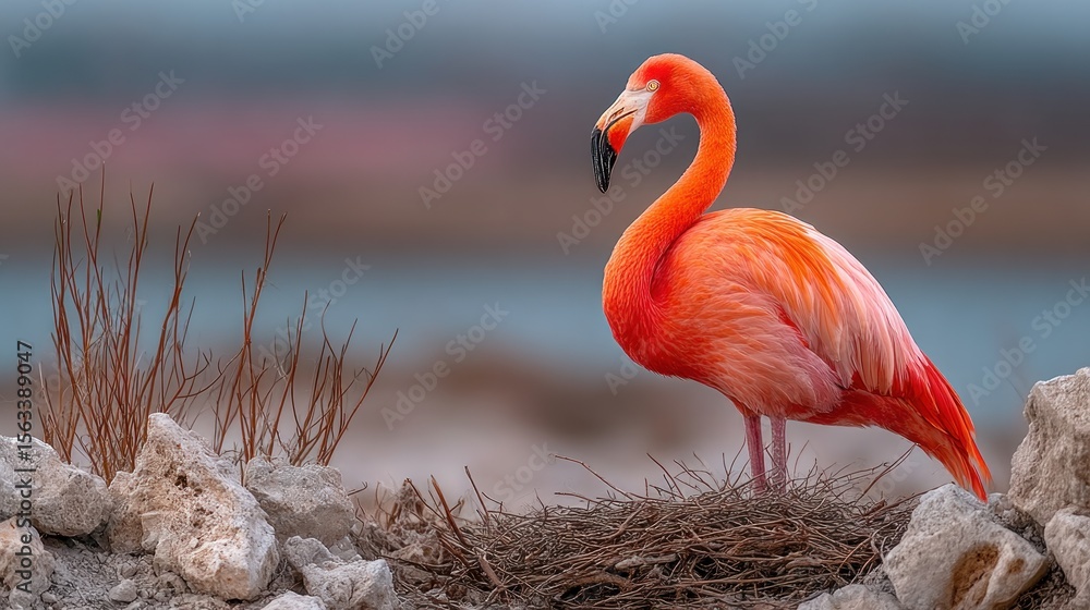Fototapeta premium Elegant flamingo portrait in natural habitat with soft blurred background