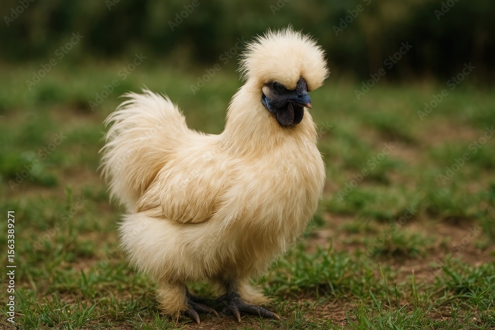 Fototapeta premium Fluffy Silkie chicken standing outdoors.