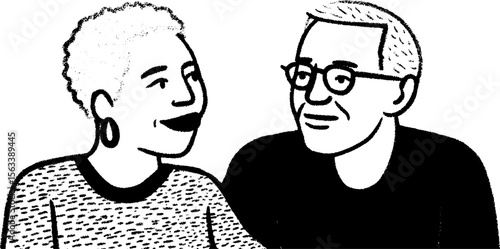 Heartwarming sketch of elderly friends smiling and sharing a moment together