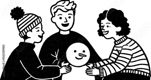 Friendship and winter fun with friends building a snowman