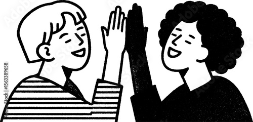 Friends celebrating with a high five gesture in playful sketch style