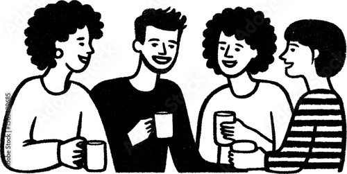 Joyful friends laughing together during coffee break sketch