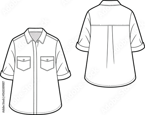 Oversized casual shirt cad drawing flat vector illustration front and back view with pockets collar rolled sleeves fashion technical design template