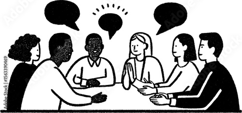 Sketch of people engaged in formal negotiation around a table with dialogue focus