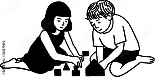 Children playing: siblings constructing with toy blocks - creative activity for growth and learning