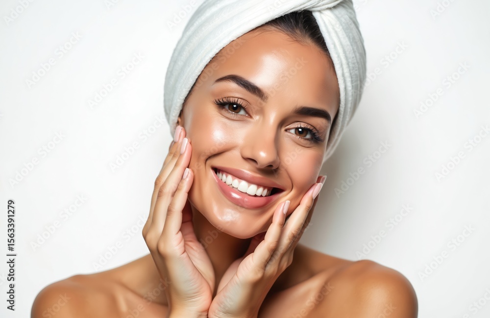 Beautiful woman portrait touching cheeks, smiling with joy. Female with white towel on head and natural makeup. Skin treatment, beauty, cosmetology, spa, skincare concept. Beautiful woman portrait touching cheeks, smiling with joy. Female with white towel on head and natural makeup. Skin treatment, beauty, cosmetology, spa, skincare concept.