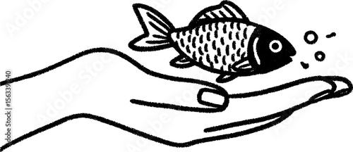 Gentle hand holding a goldfish sketch for artistic designs