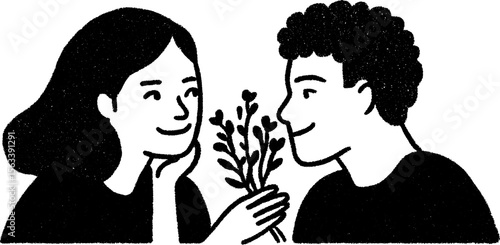 Romantic moment sketch: giving flowers to a partner with love and affection