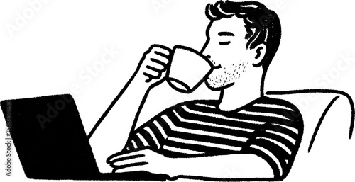 Creative work environment: person sipping coffee while engaged in work